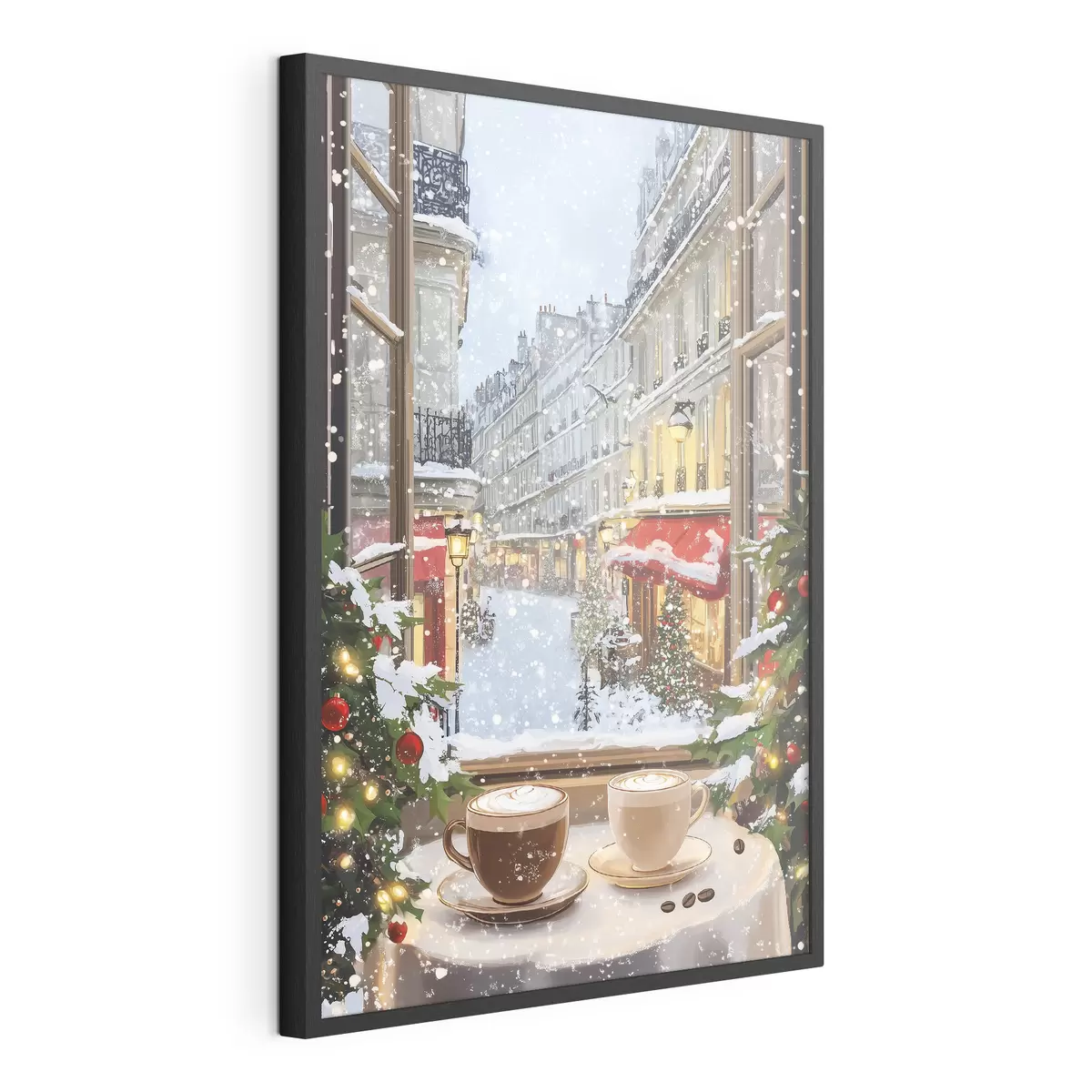 Poster Accogliente caffè invernale, tazze di caffè, stile acrilico, architettura della città vecchia f42795
