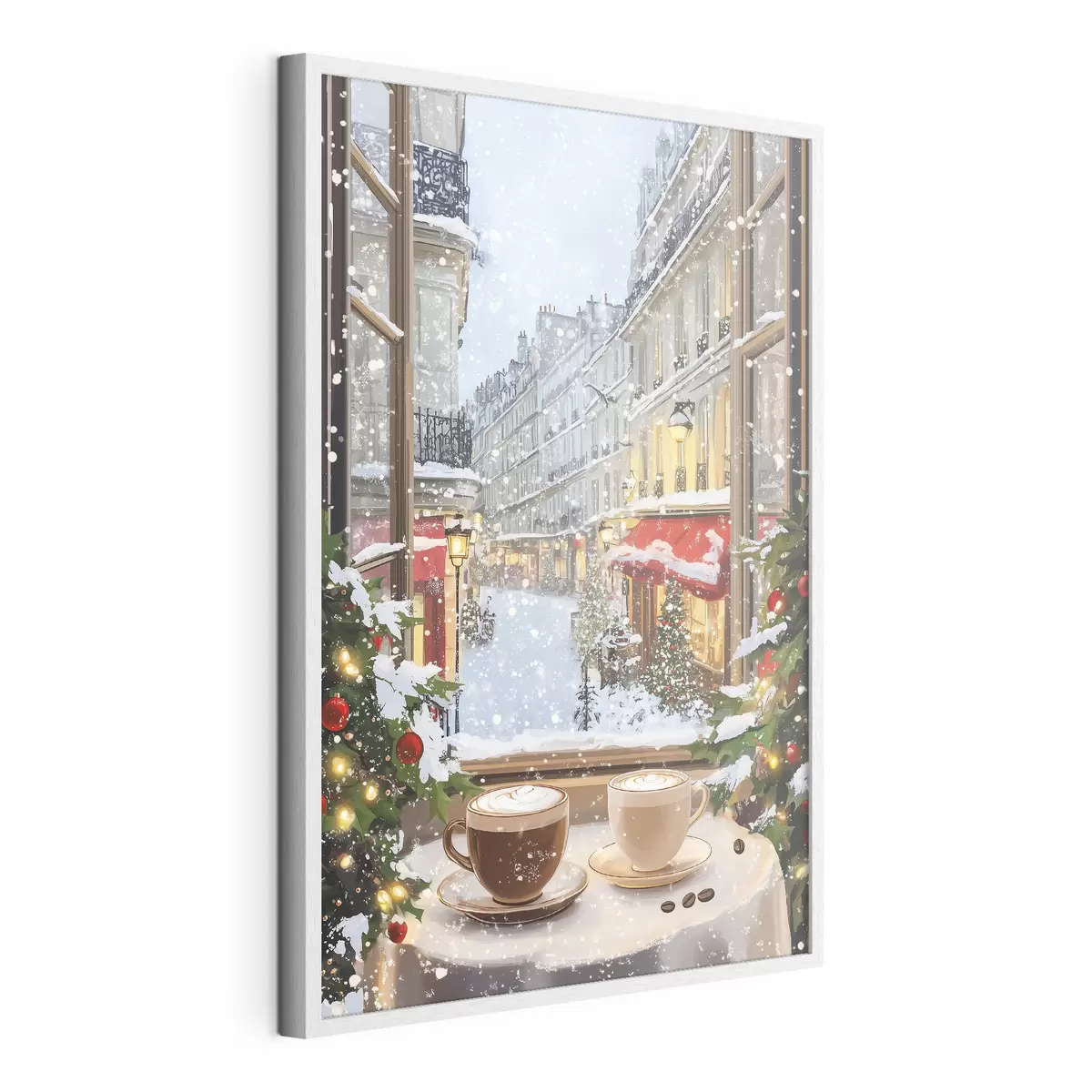 Poster Accogliente caffè invernale, tazze di caffè, stile acrilico, architettura della città vecchia f42795