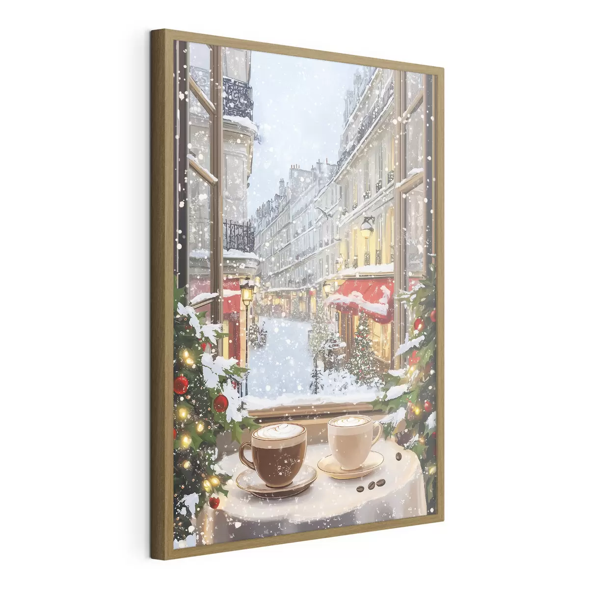 Poster Accogliente caffè invernale, tazze di caffè, stile acrilico, architettura della città vecchia f42795