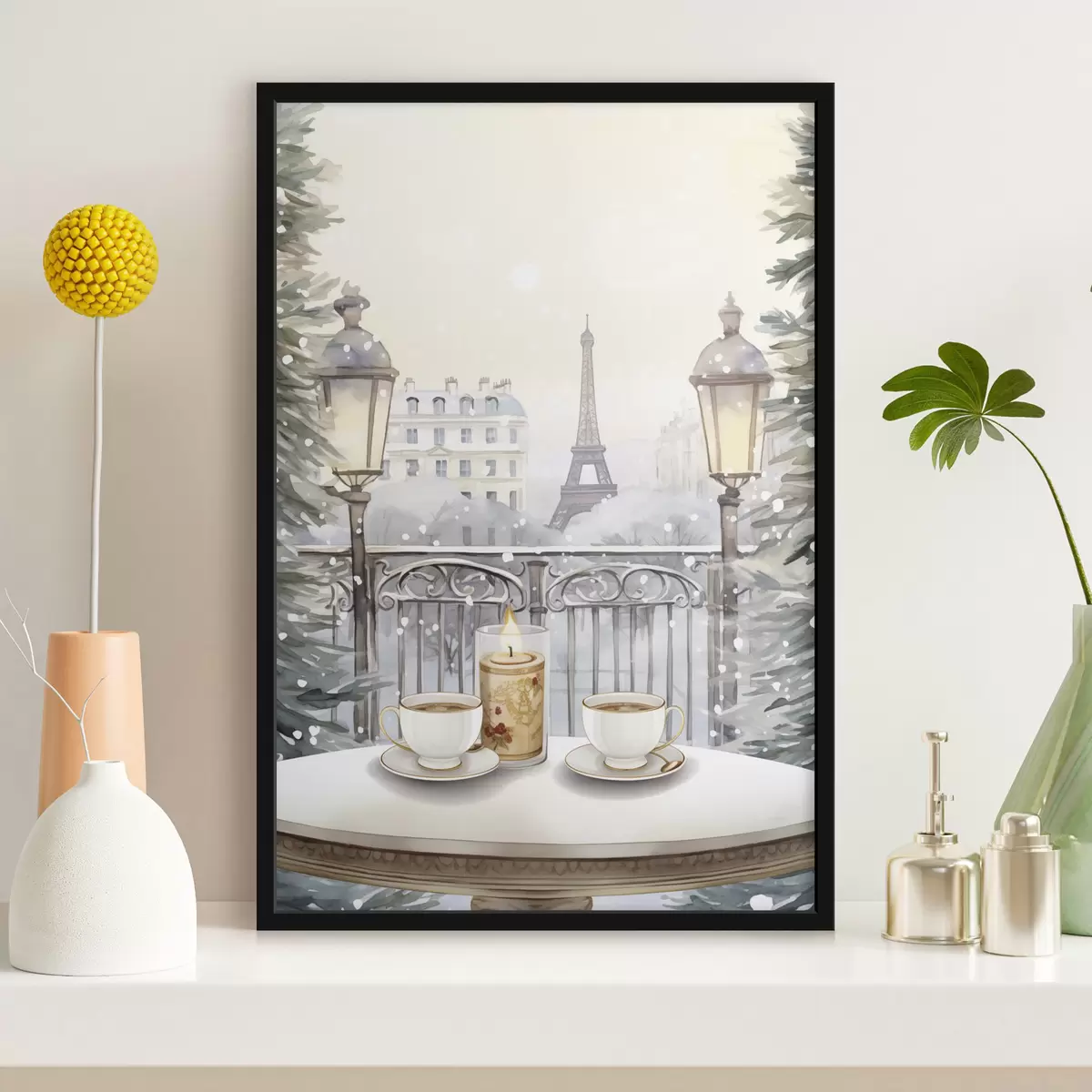 Poster Bellissimo caffè a Parigi, tazze da tè, vista romantica, inverno, stile acquerello f42799