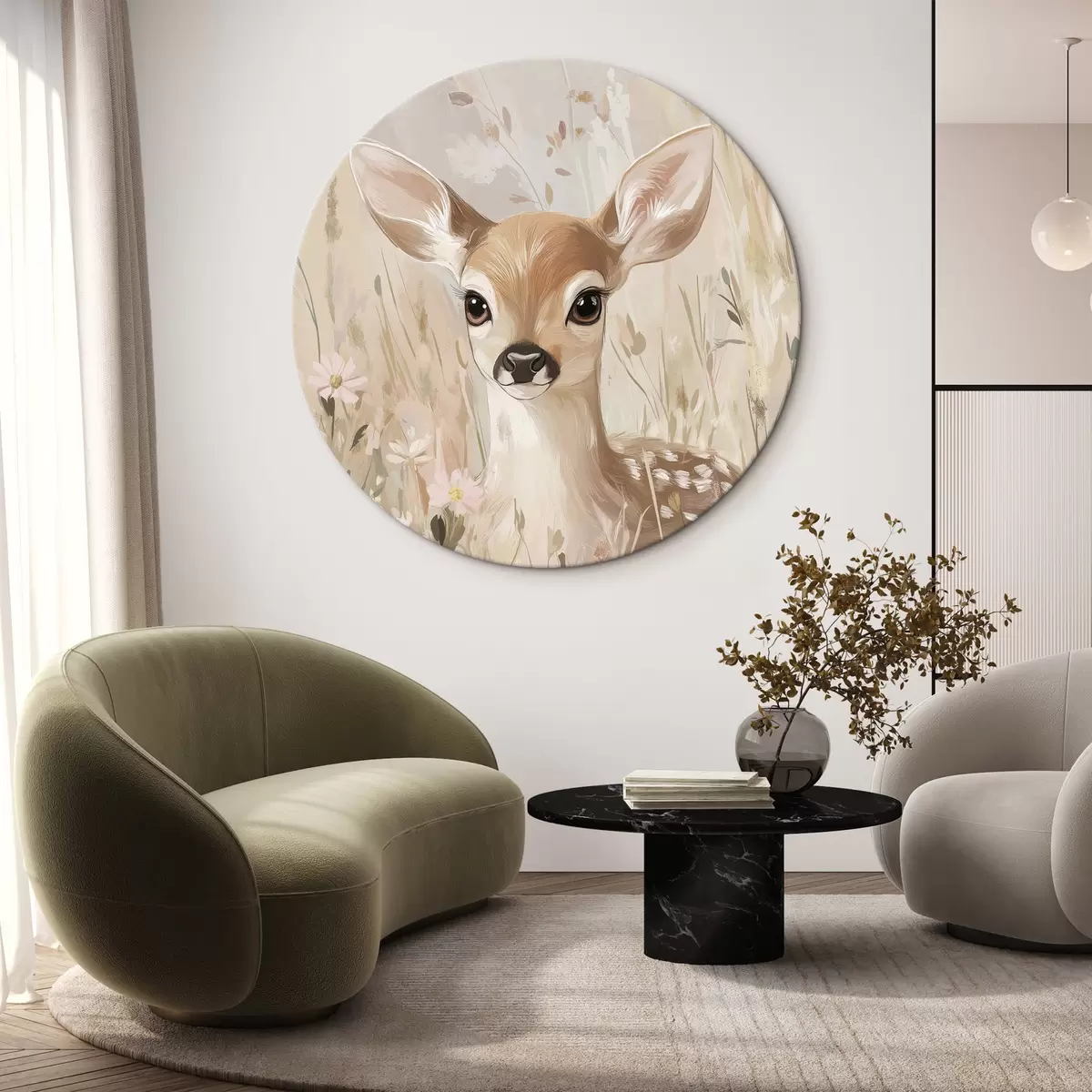 Quadri rotondi Piccolo cervo nel prato estivo, disegno in stile acrilico, colori rosa pastello e beige r42781