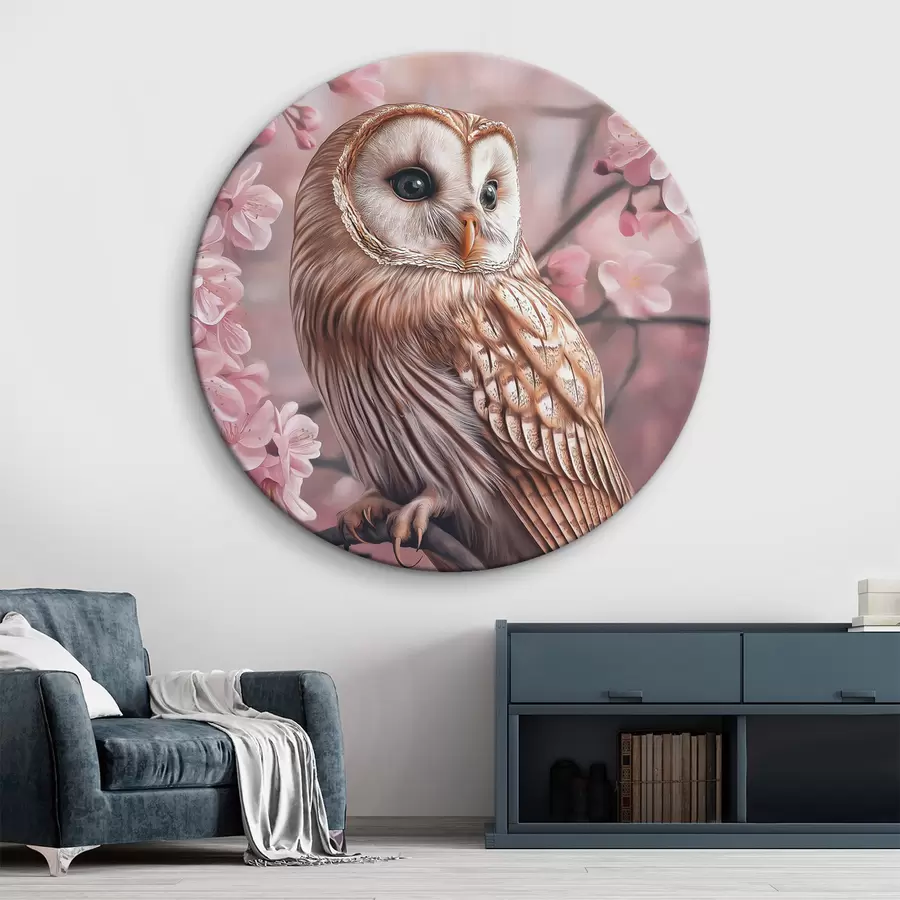 carta da parati Gufo sul ciliegio, fiori rosa, realismo, natura nr. r42785