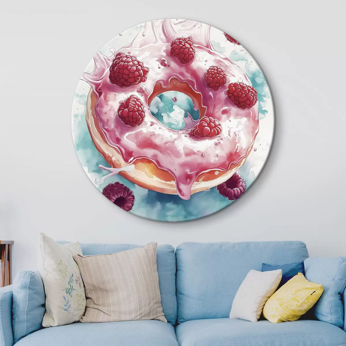 Quadri rotondi Ciambella acquerellata con lamponi, colori rosa e blu r42787