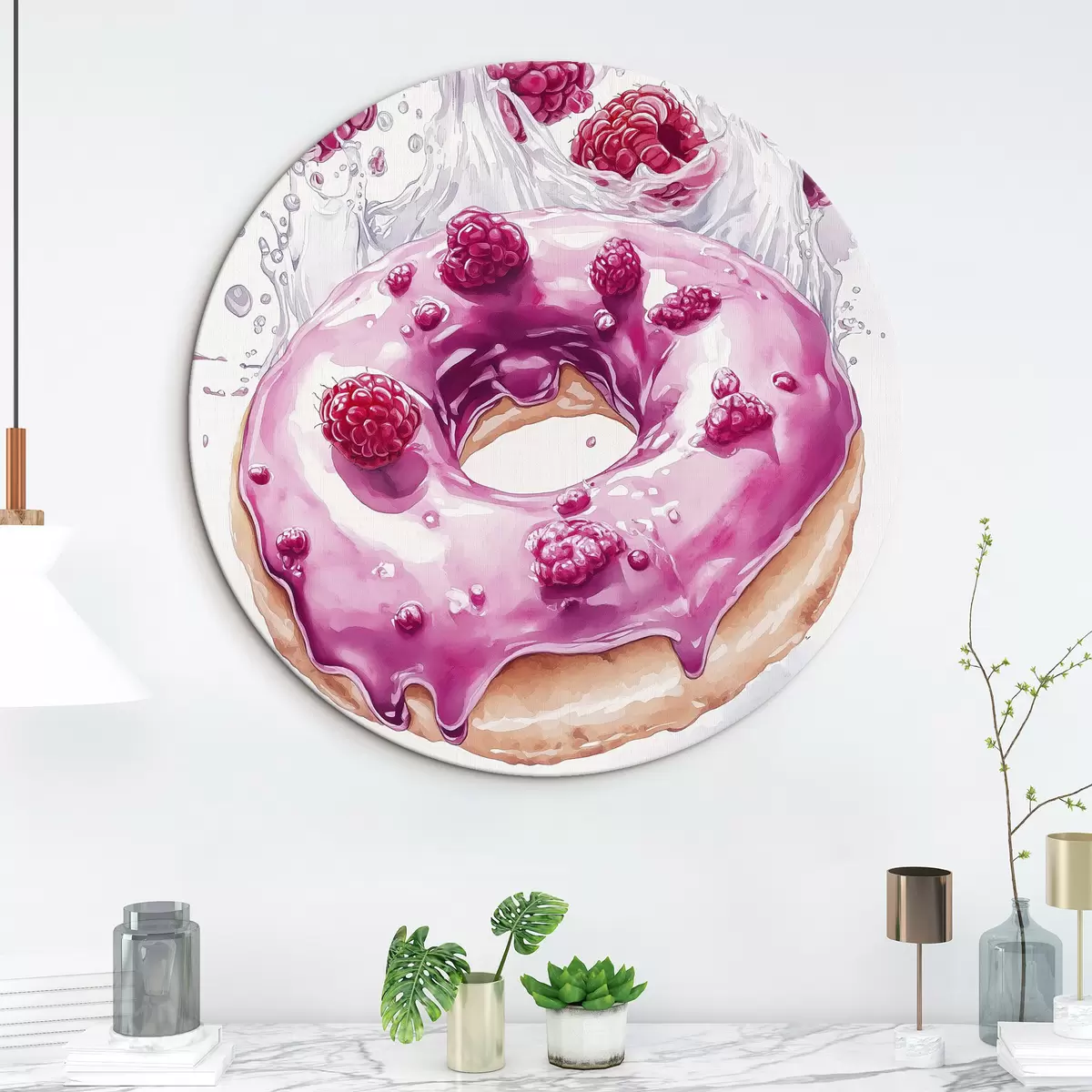 Quadri rotondi Ciambella con lamponi con glassa rosa, delizioso dessert, stile acquerello r42789