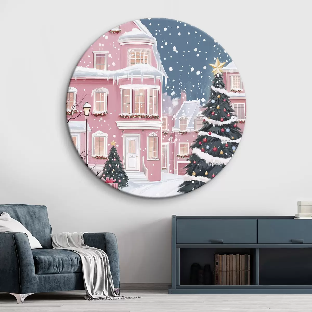 Quadri rotondi Città invernale con case rosa, alberi di Natale e fiocchi di neve r42792