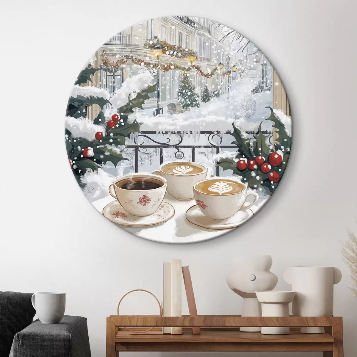 Quadri rotondi Estetica invernale, tazze di caffè, ristorante, strada cittadina r42794