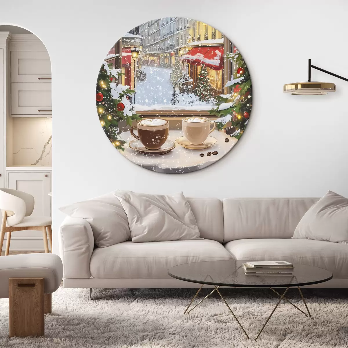 Quadri rotondi Accogliente caffè invernale, tazze di caffè, stile acrilico, architettura della città vecchia r42795