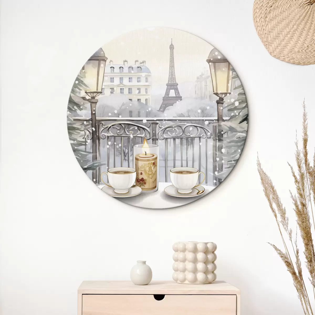 Quadri rotondi Bellissimo caffè a Parigi, tazze da tè, vista romantica, inverno, stile acquerello r42799