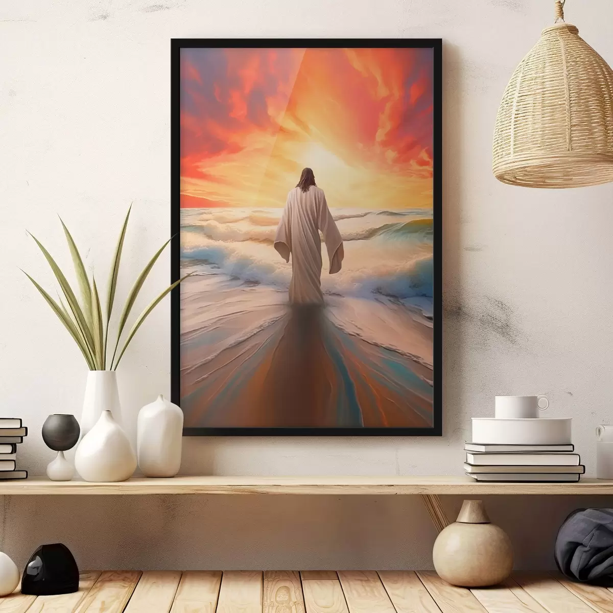 Poster Uomo vicino all'acqua sullo sfondo del tramonto f42824