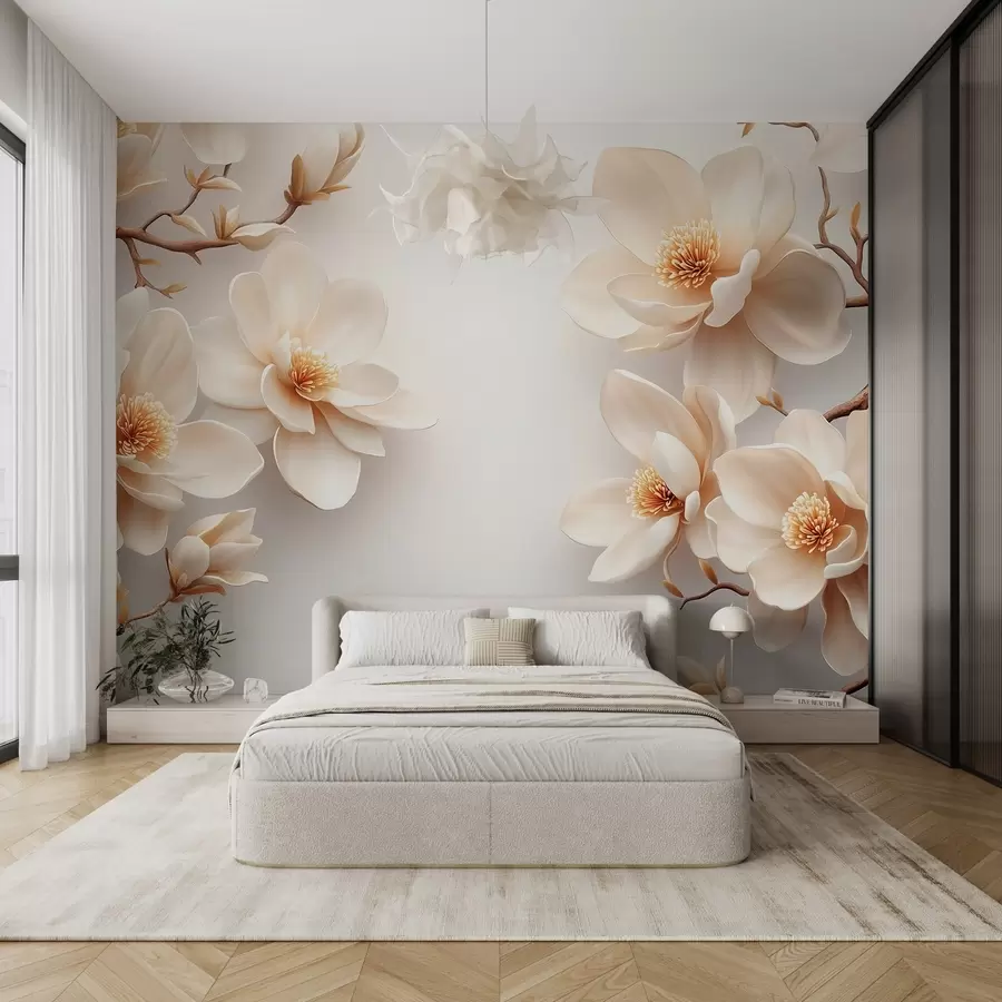 Carta da parati Floreale Bella fioritura di fiori di magnolia color crema su sfondo bianco n. w08704