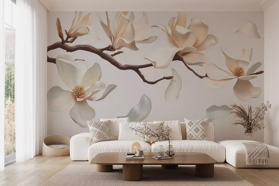 Carta da parati Floreale Un ramo d'albero con delicati fiori di magnolia e petali cadenti n. w08706