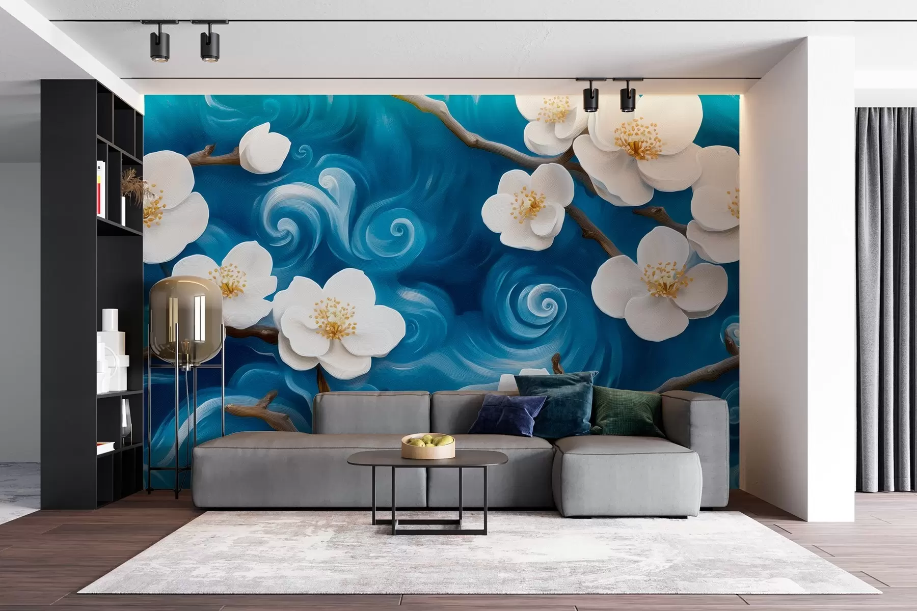 carta da parati Mandorlo in fiore nello stile di Van Gogh, fiori bianchi contro un cielo azzurro e nuvoloso nr. w08707