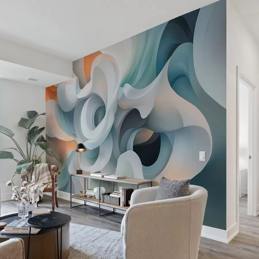 carta da parati Astrazione contrastante con un motivo contorto nei toni dell'arancione, del verde e del blu nr. w08710