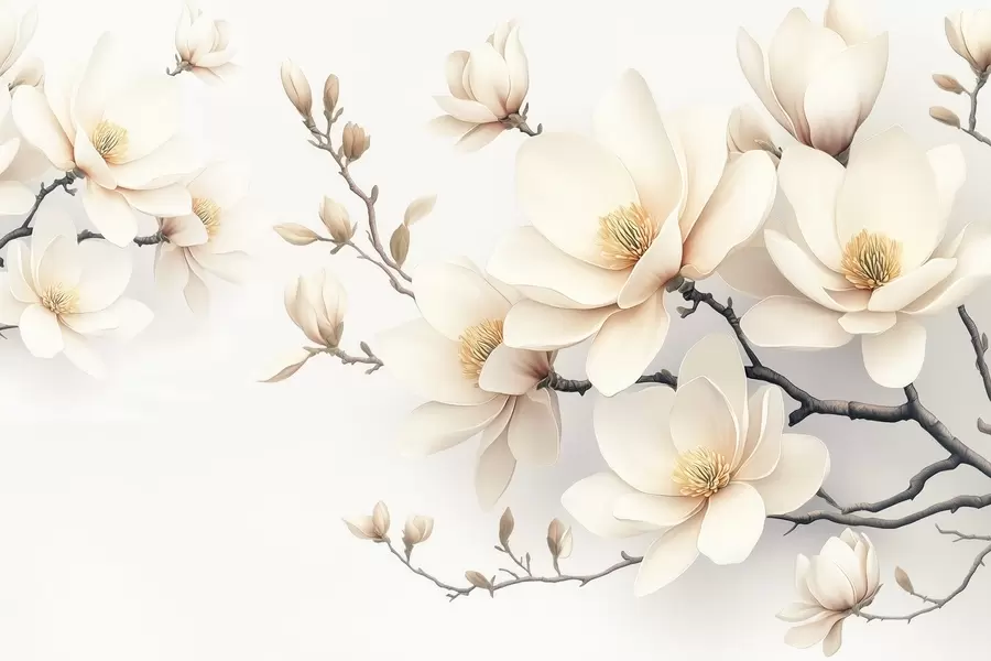 Carta da parati Floreale Bella fioritura di fiori di magnolia color crema su sfondo bianco n. w08721