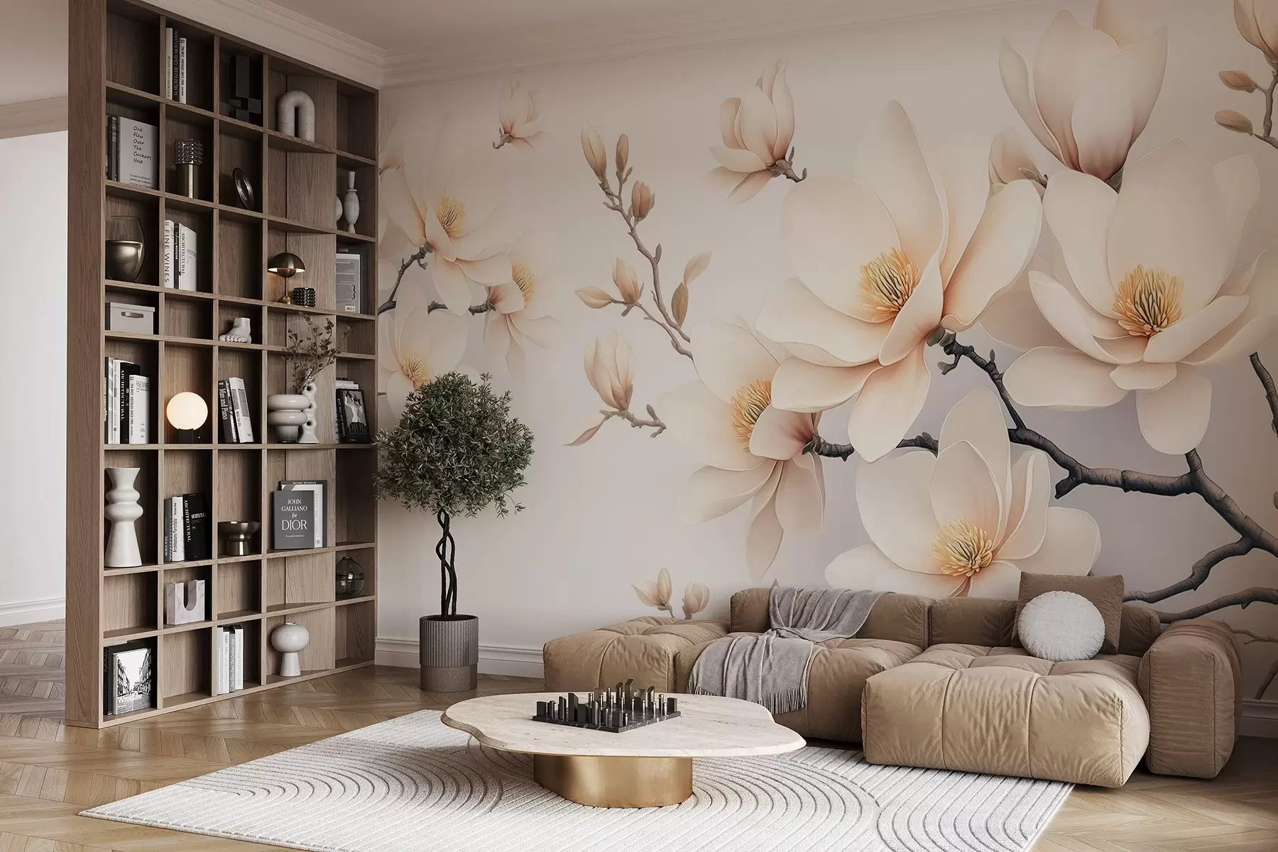 Carta da parati Floreale Bella fioritura di fiori di magnolia color crema su sfondo bianco n. w08721