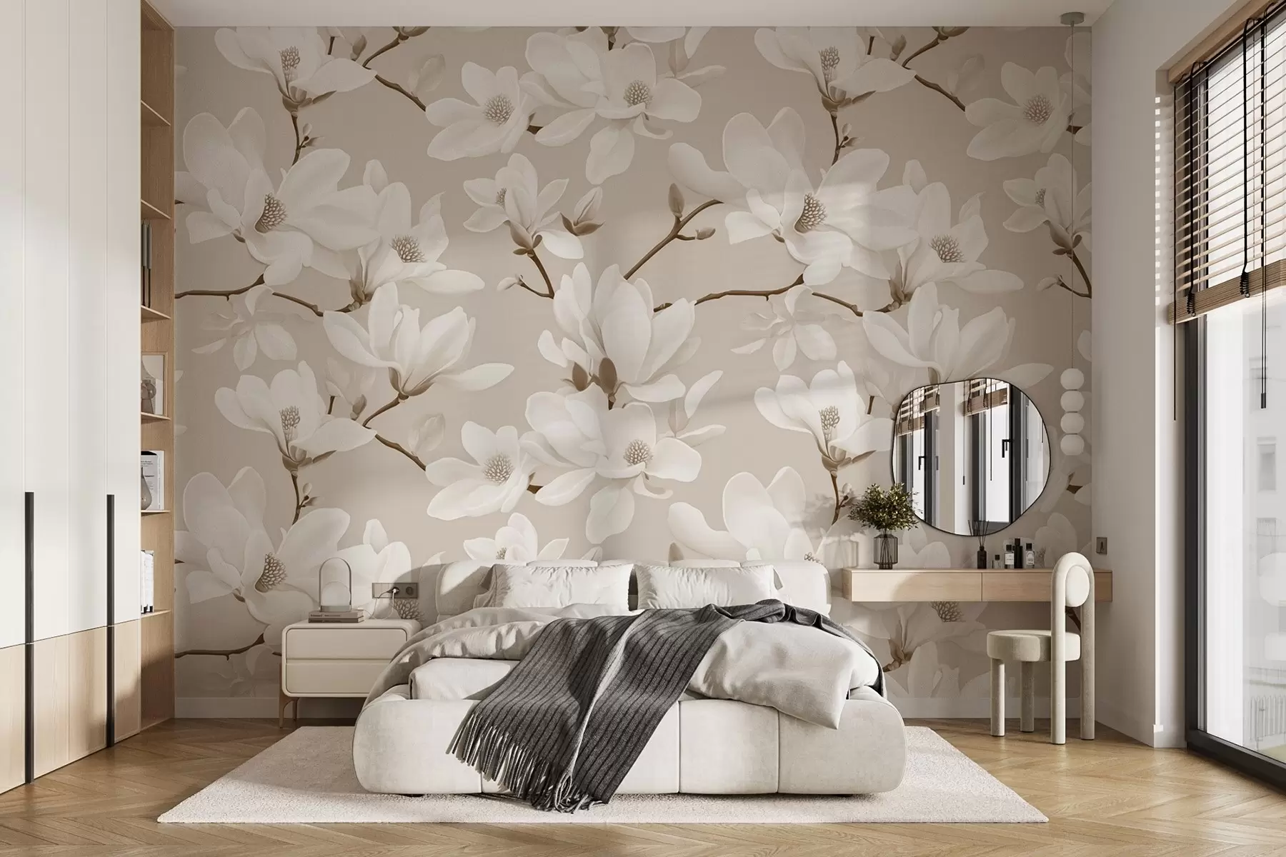 Carta da parati Floreale Motivo di fiori di magnolia bianchi, in tonalità beige, foglie e rami bianchi n. w08726v1