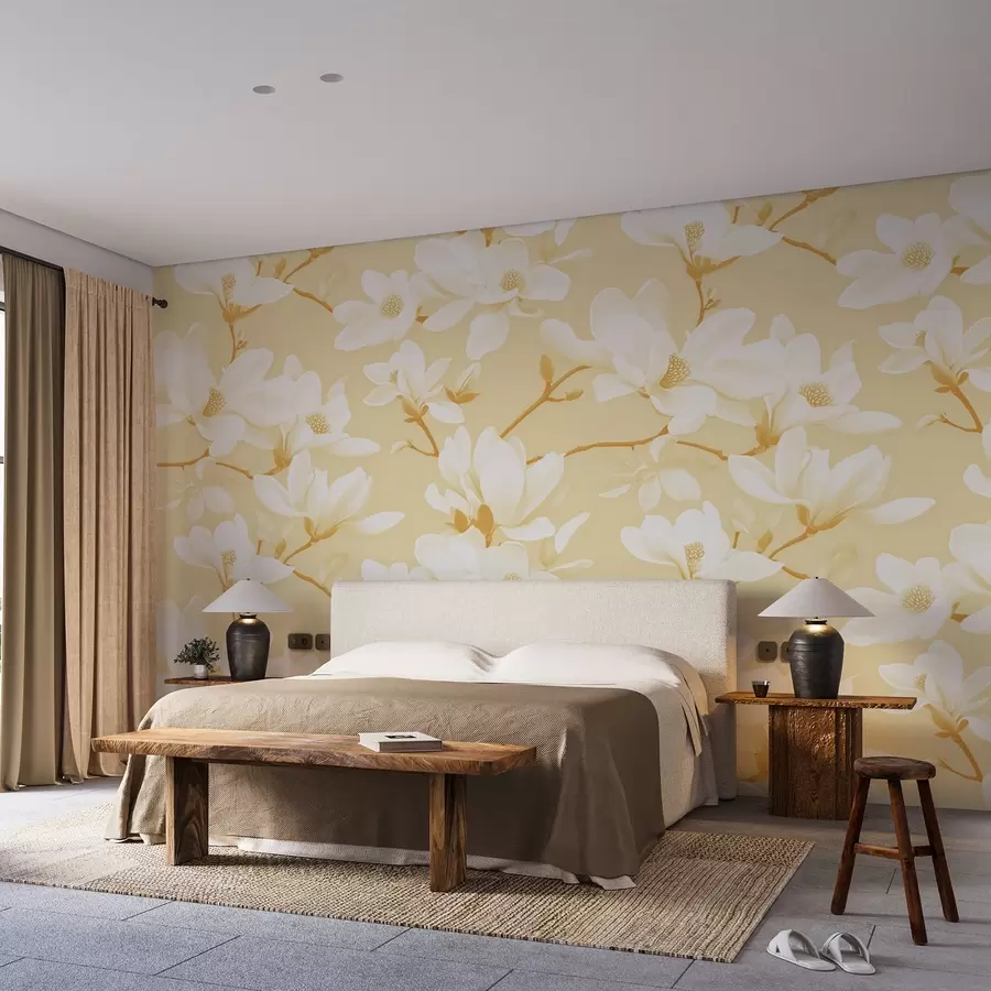 Carta da parati Floreale Motivo di fiori di magnolia bianchi, con sfumature gialle, foglie e rami bianchi n. w08726v3