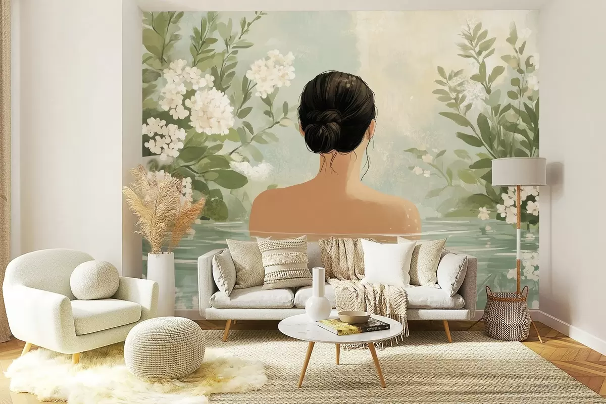 carta da parati un'illustrazione botanica serena e sognante di una donna che fa il bagno in uno specchio d'acqua calmo e riflessivo, circondata da una vegetazione lussureggiante e da delicati fiori bianchi. nr. w03014