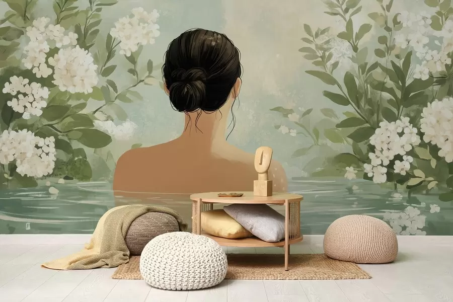 carta da parati un'illustrazione botanica serena e sognante di una donna che fa il bagno in uno specchio d'acqua calmo e riflessivo, circondata da una vegetazione lussureggiante e da delicati fiori bianchi. nr. w03014