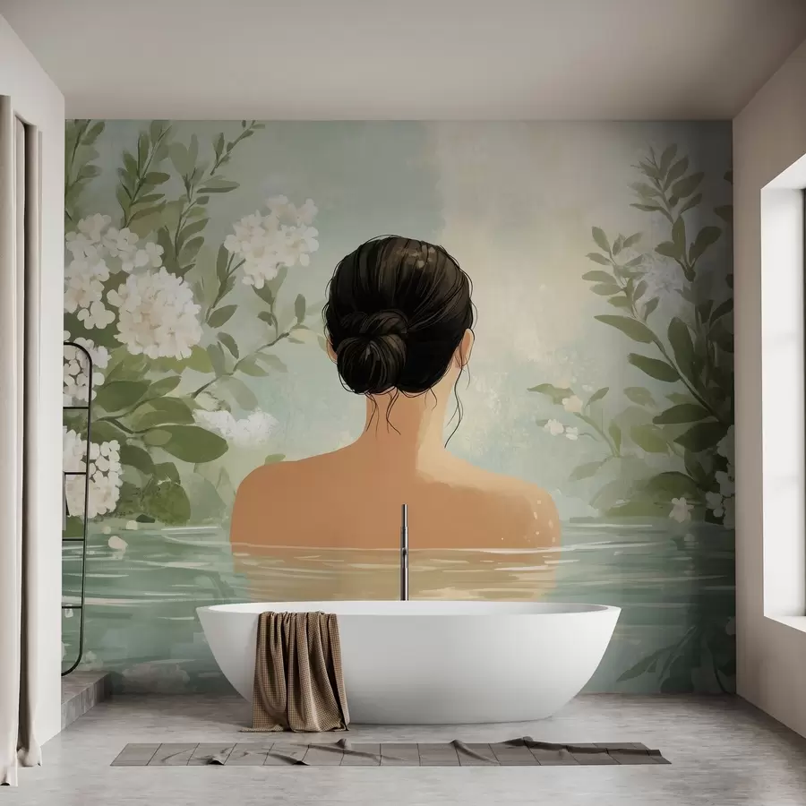 carta da parati un'illustrazione botanica serena e sognante di una donna che fa il bagno in uno specchio d'acqua calmo e riflessivo, circondata da una vegetazione lussureggiante e da delicati fiori bianchi. nr. w03014