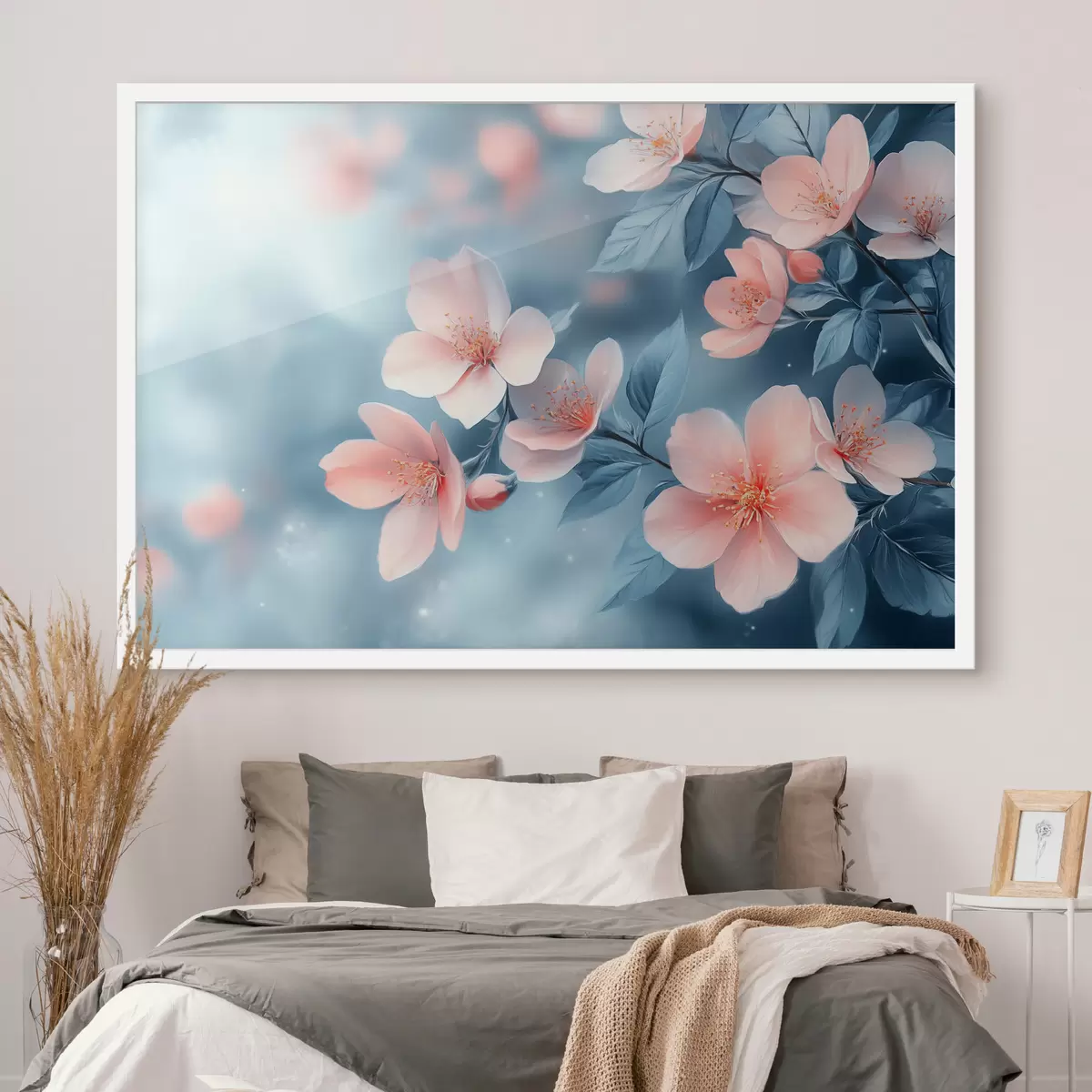 Poster Fiori rosa su sfondo blu f42846