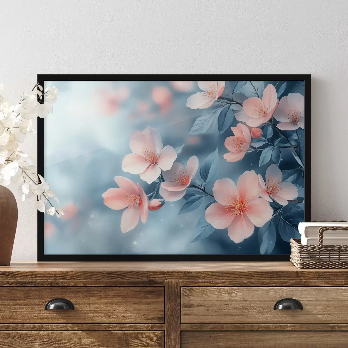 Poster Fiori rosa su sfondo blu f42846