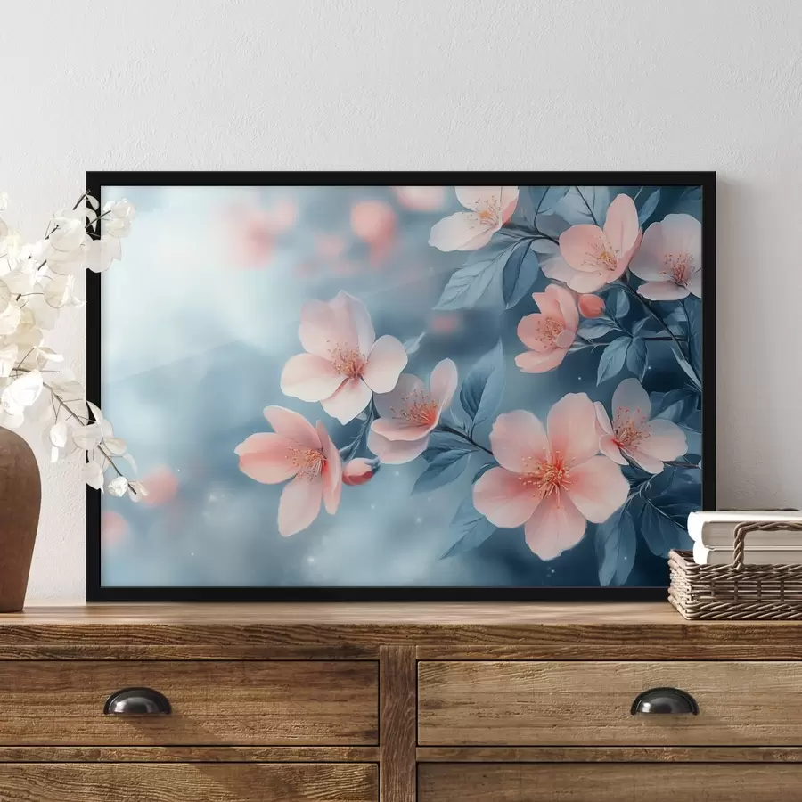 carta da parati Fiori rosa su sfondo blu nr. f42846