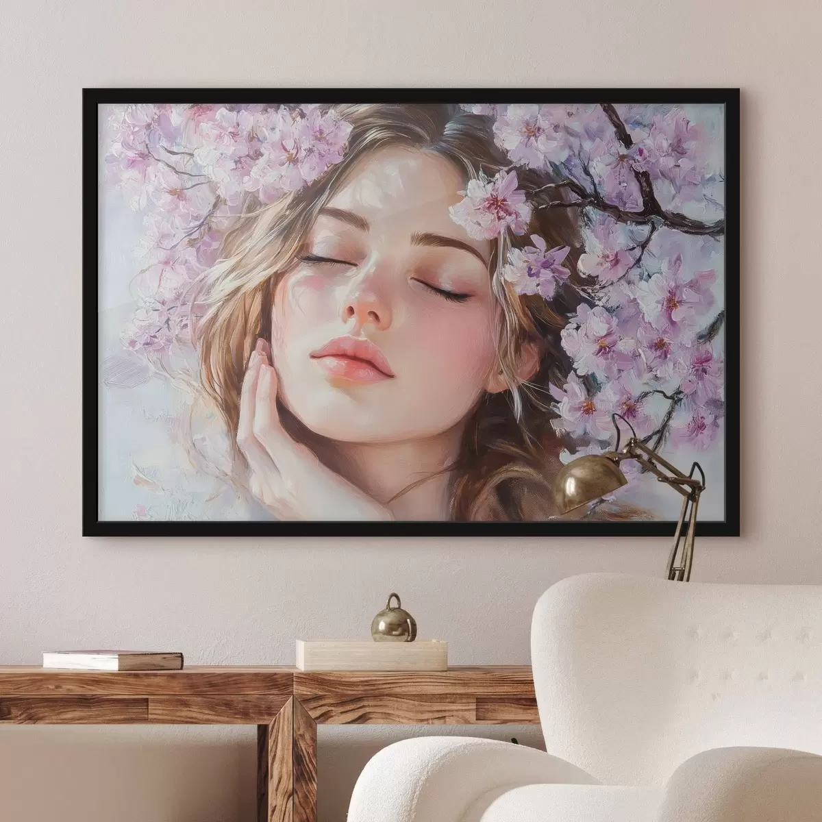 Poster Ragazza vicino a un ramo fiorito f42857