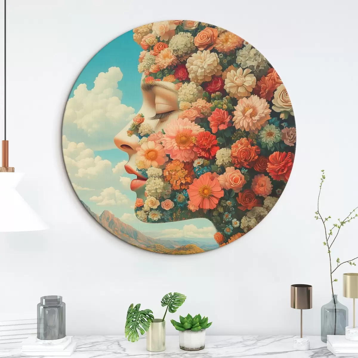 Quadri rotondi Volto di profilo tra i fiori r42861