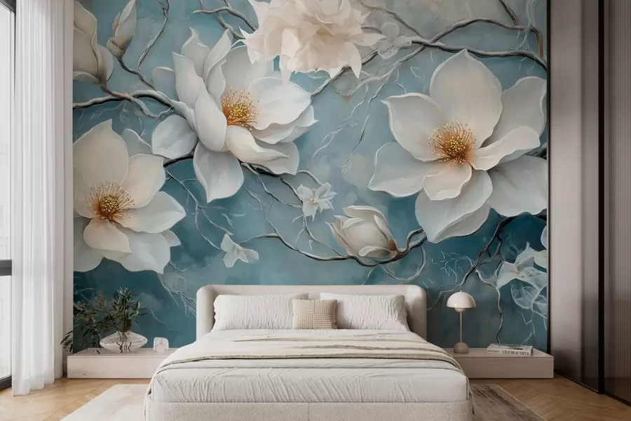 Carta da parati Floreale Fiori bianchi e ghiacciati su sfondo blu nello stile della pittura a olio n. w03018