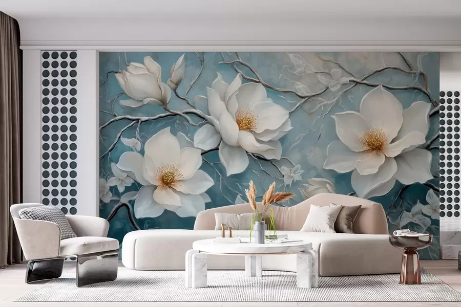 Carta da parati Floreale Fiori bianchi e ghiacciati su sfondo blu nello stile della pittura a olio n. w03018