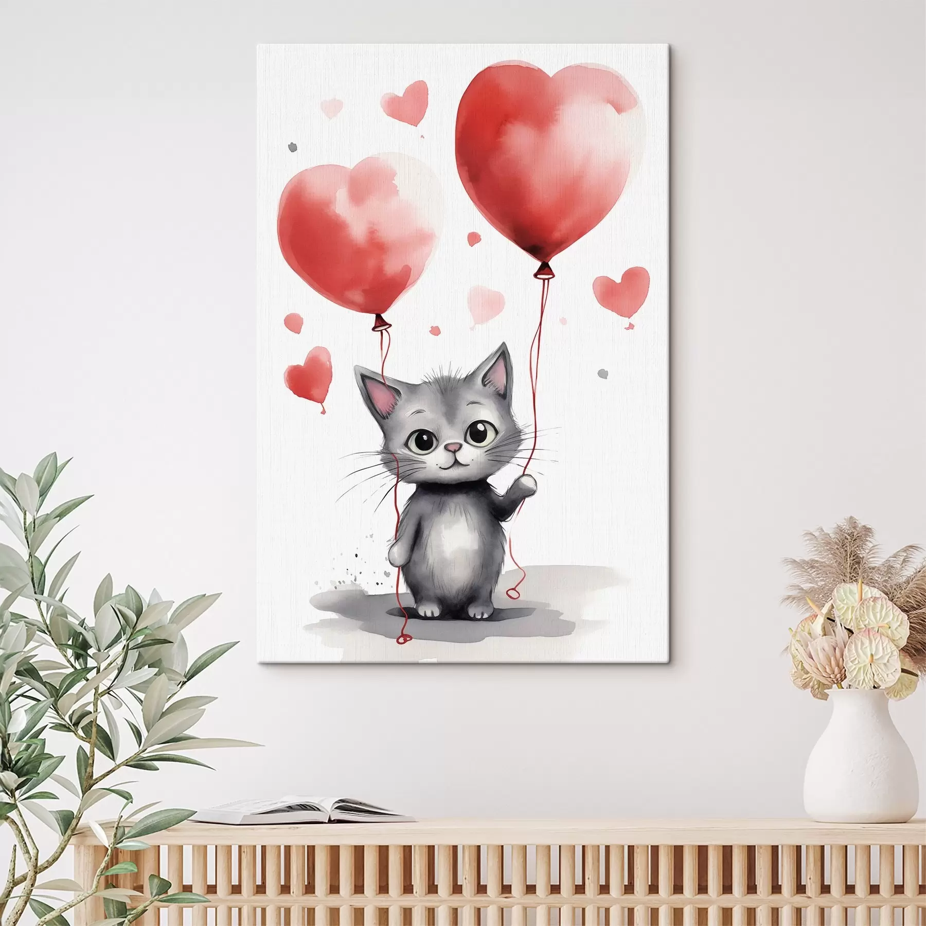carta da parati Simpatico gattino con palloncini a forma di cuore nr. s42871