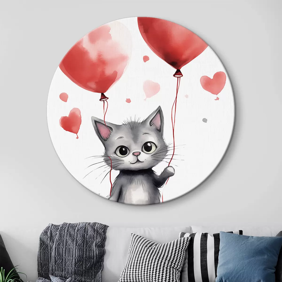 Quadri rotondi Simpatico gattino con palloncini a forma di cuore r42871