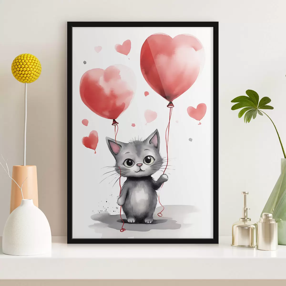 Poster Simpatico gattino con palloncini a forma di cuore f42871