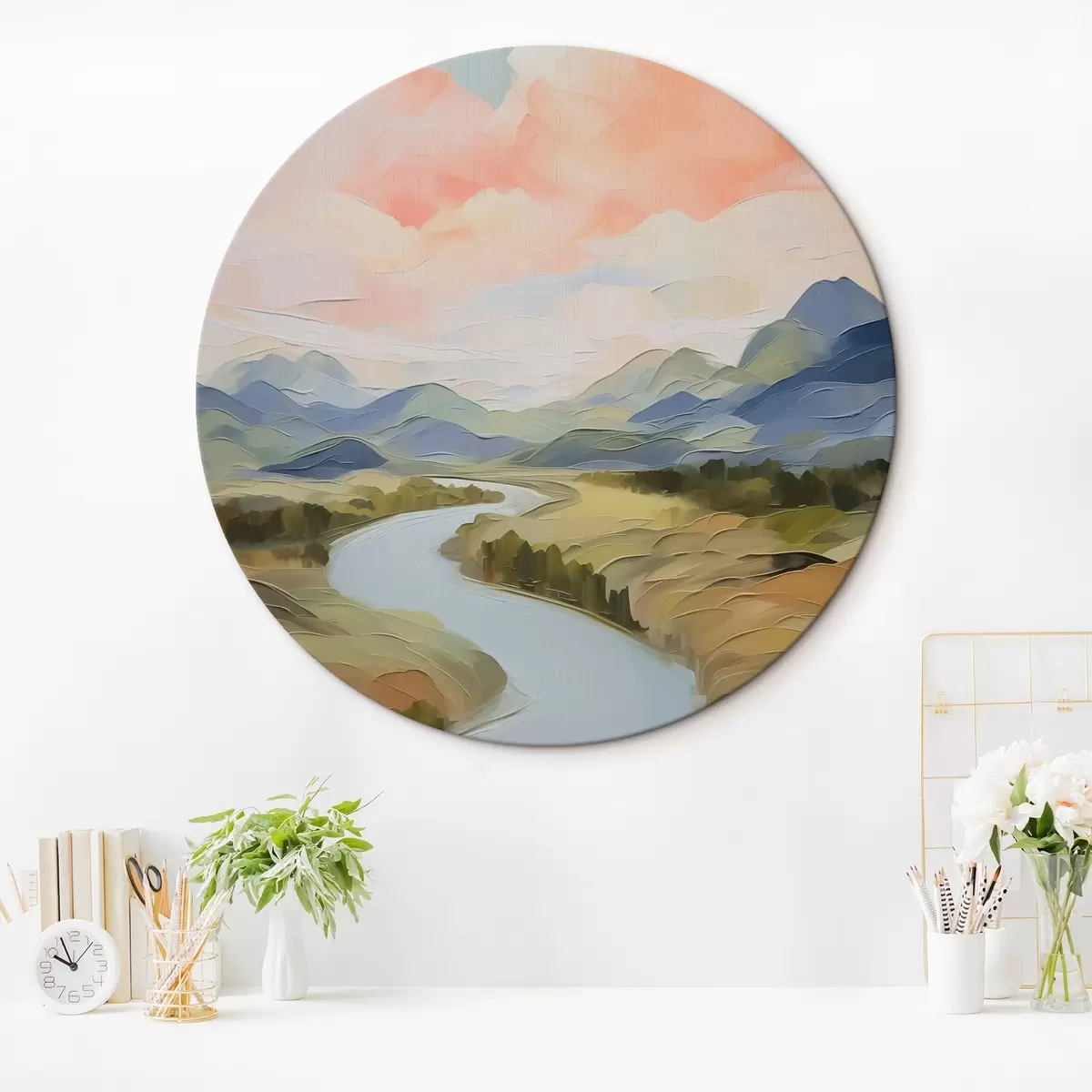 Quadri rotondi Fiume nella valle paesaggio imitazione di pittura r42844