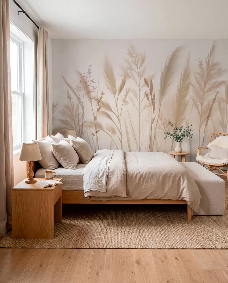 Carta da parati nature Erbe alte e delicate, spighette e piante nei toni tenui del beige e del crema, su uno sfondo leggermente sfocato 