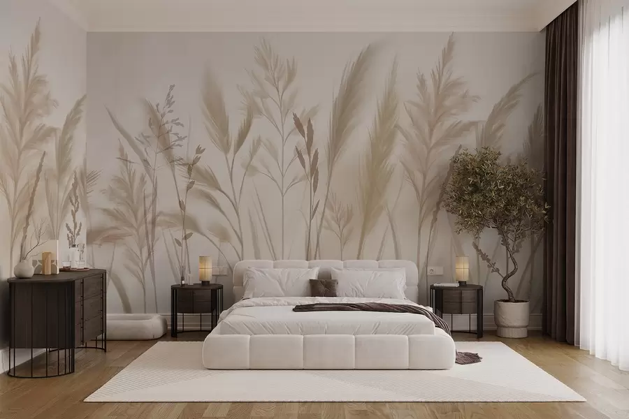 Carta da parati nature Erbe alte e delicate, spighette e piante nei toni tenui del beige e del crema, su uno sfondo leggermente sfocato 