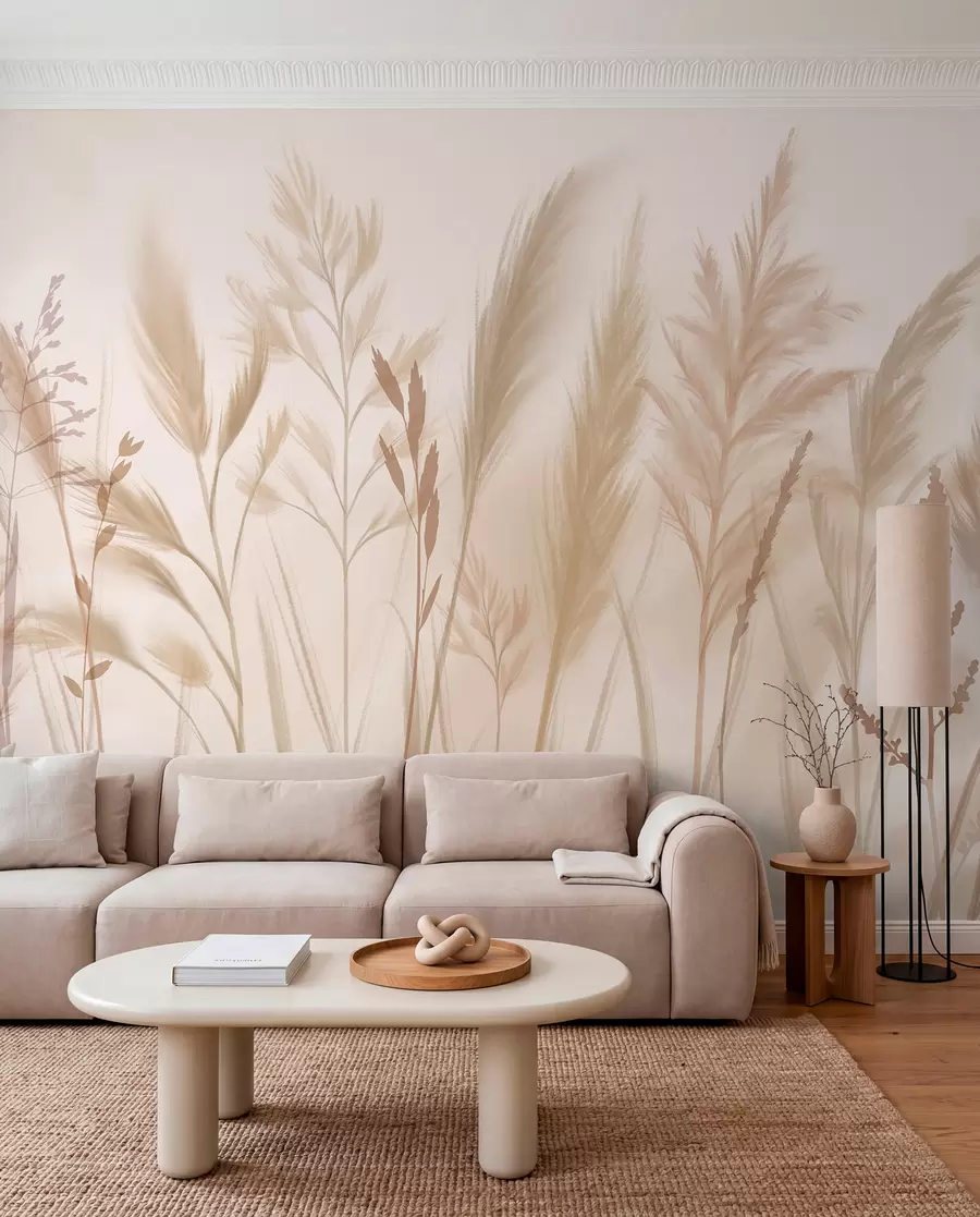 Carta da parati nature Erbe alte e delicate, spighette e piante nei toni tenui del beige e del crema, su uno sfondo leggermente sfocato 