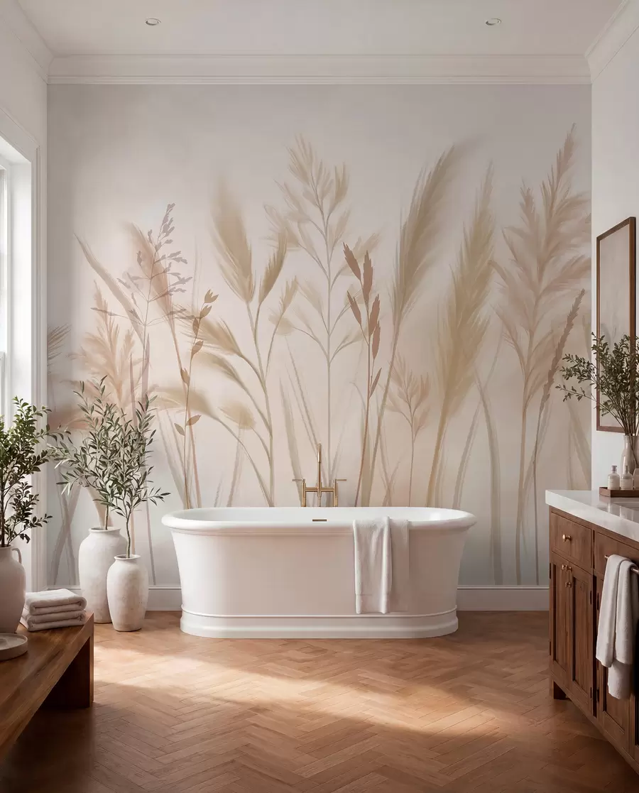 Carta da parati nature Erbe alte e delicate, spighette e piante nei toni tenui del beige e del crema, su uno sfondo leggermente sfocato 
