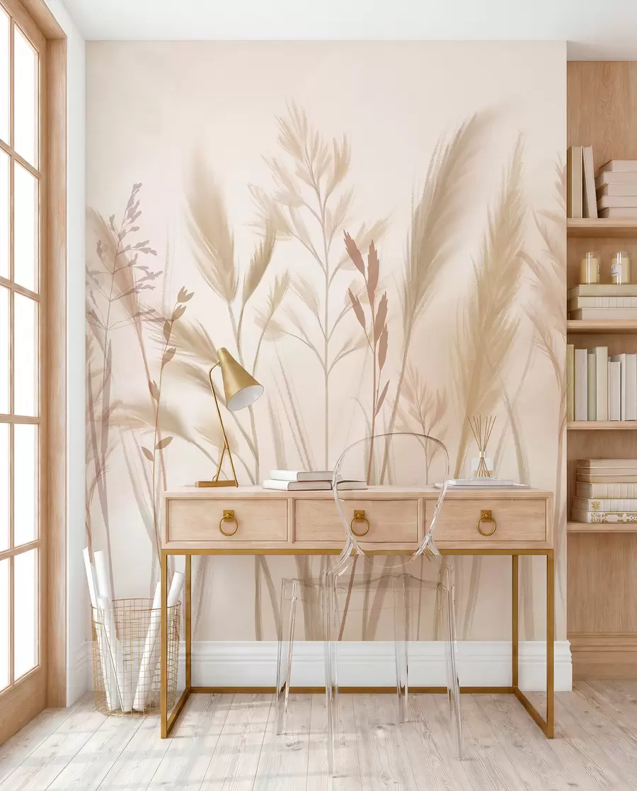 Carta da parati nature Erbe alte e delicate, spighette e piante nei toni tenui del beige e del crema, su uno sfondo leggermente sfocato 