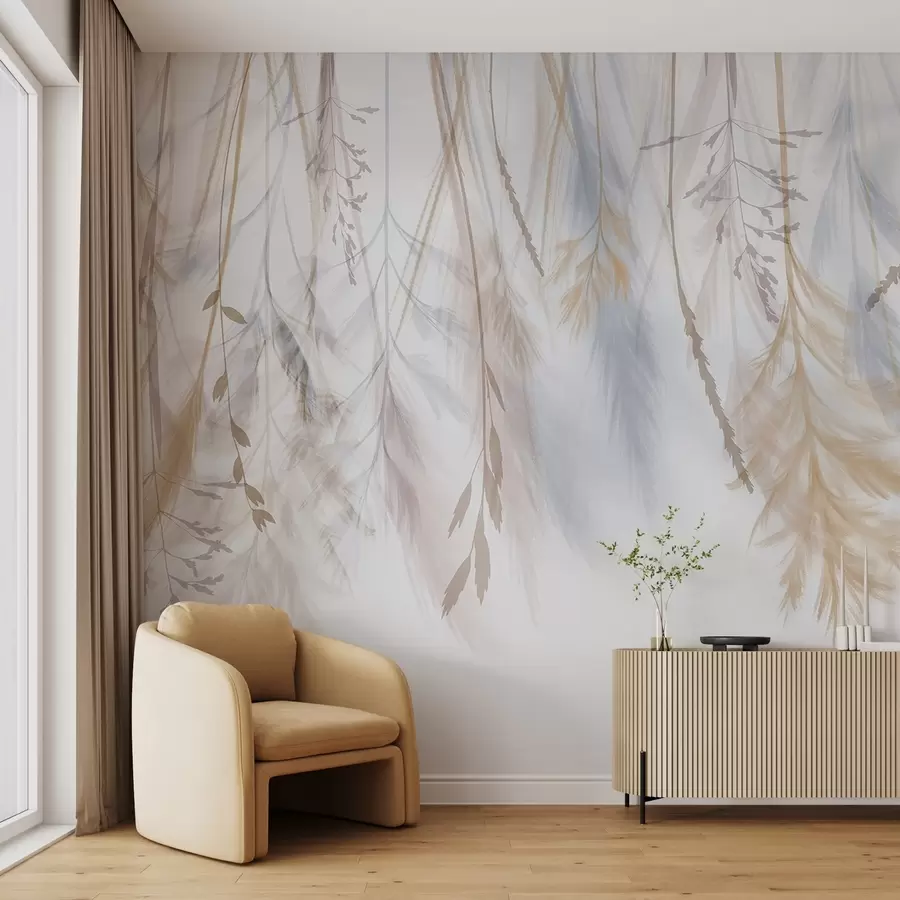 carta da parati Delicate erbe, spighe e piante in tonalità pastello, disposte a cascata su uno sfondo chiaro nr. w08737