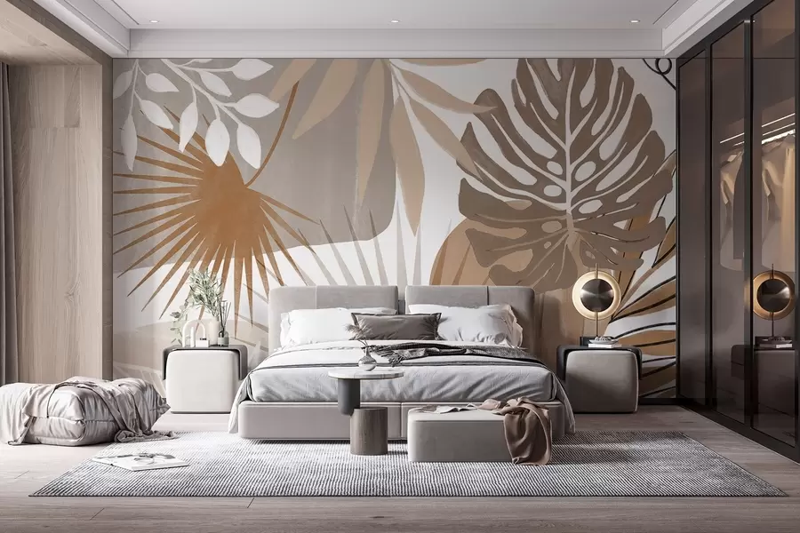 Carta da parati Tropici della Foresta Disegno astratto con varie foglie tropicali e toni terrosi di marrone, beige e crema  n. w08738