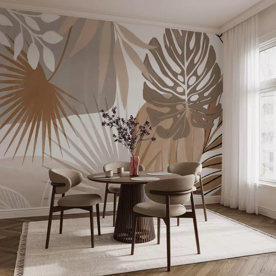 Carta da parati Tropici della Foresta Disegno astratto con varie foglie tropicali e toni terrosi di marrone, beige e crema  n. w08738