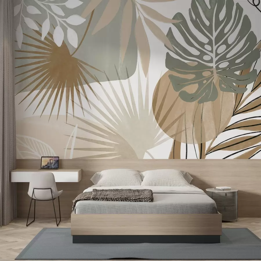 carta da parati Disegno astratto con varie foglie tropicali e toni terrosi di verde, beige e crema  nr. w08738v1