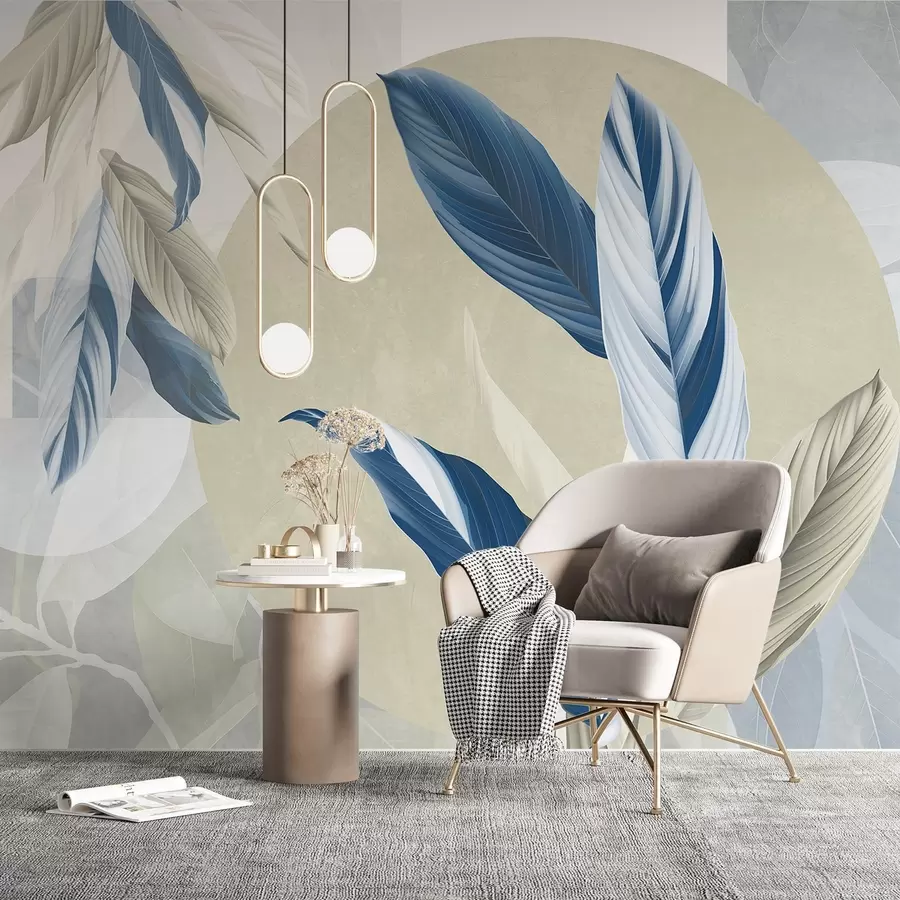 carta da parati Composizione geometrica moderna e astratta con foglie dettagliate nei toni del blu, del beige e del bianco nr. w08741