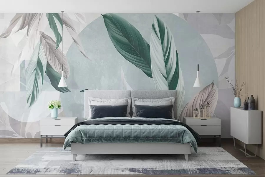 Carta da parati nature Composizione geometrica moderna e astratta con foglie dettagliate nei toni del verde, del viola chiaro e del bianco 