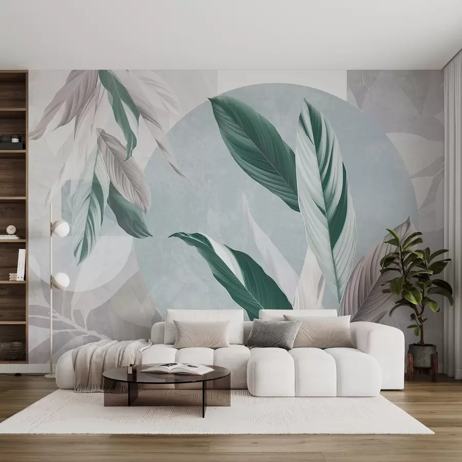 Carta da parati nature Composizione geometrica moderna e astratta con foglie dettagliate nei toni del verde, del viola chiaro e del bianco 