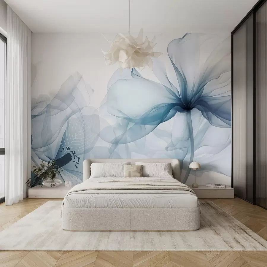 carta da parati Fiori astratti blu con petali morbidi e traslucidi e dettagli delicati, su sfondo bianco nr. w08742