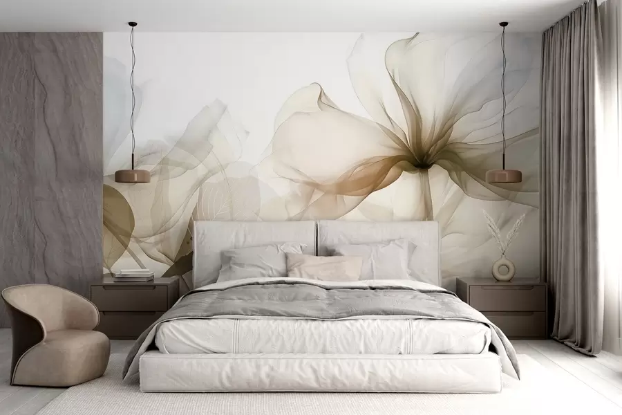 carta da parati Fiori astratti marroni con petali morbidi e traslucidi e dettagli delicati, su sfondo bianco nr. w08742v1