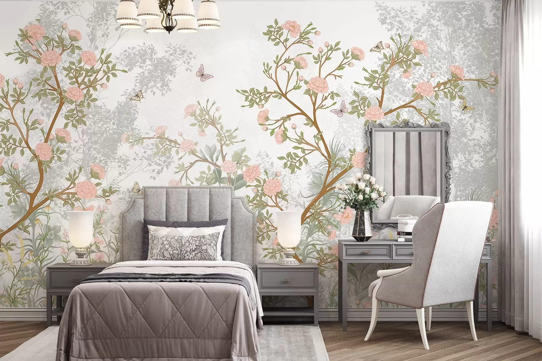 Carta da parati con rose Delicati alberi in fiore rosa, farfalle volanti e foglie verdi intrecciate a rami sottili  n. w08744